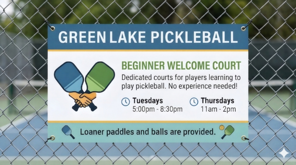 Beginner Welcome Courts flyer — Tuesdays 5:00–8:30 PM and Thursdays 11:00 AM–2:00 PM at Green Lake East