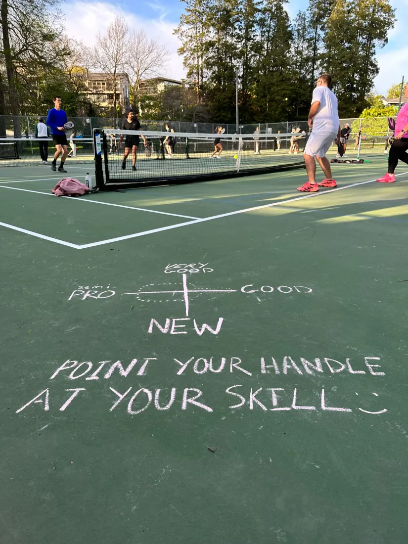 Chalk written on the court reading "Point your handle at your skill", with the skill scale from New to Semi-Pro, and a game going on behind it